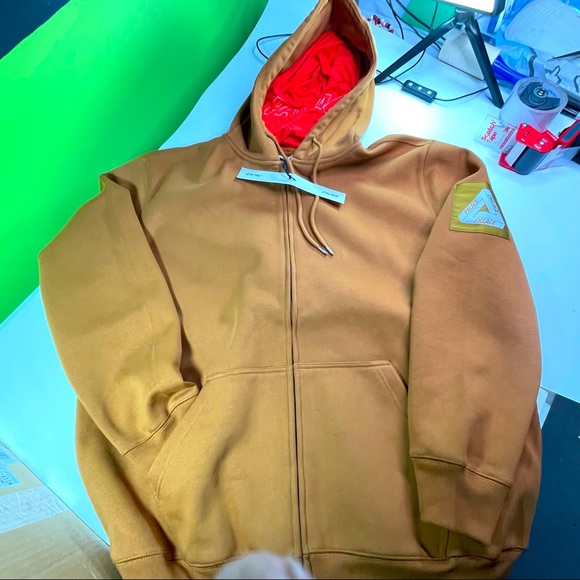 Palace Skateboards Mens XL Size Tan Thermal Hoodie with Facemask in Hood 【良好品】 palaceskateboards polartec jacket fleece パーカー
